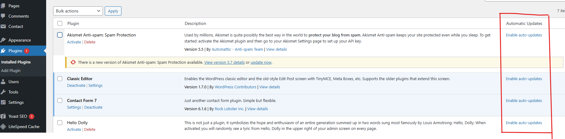 WordPress Installed Plugins page with the Enable auto-updates link for individual plugins